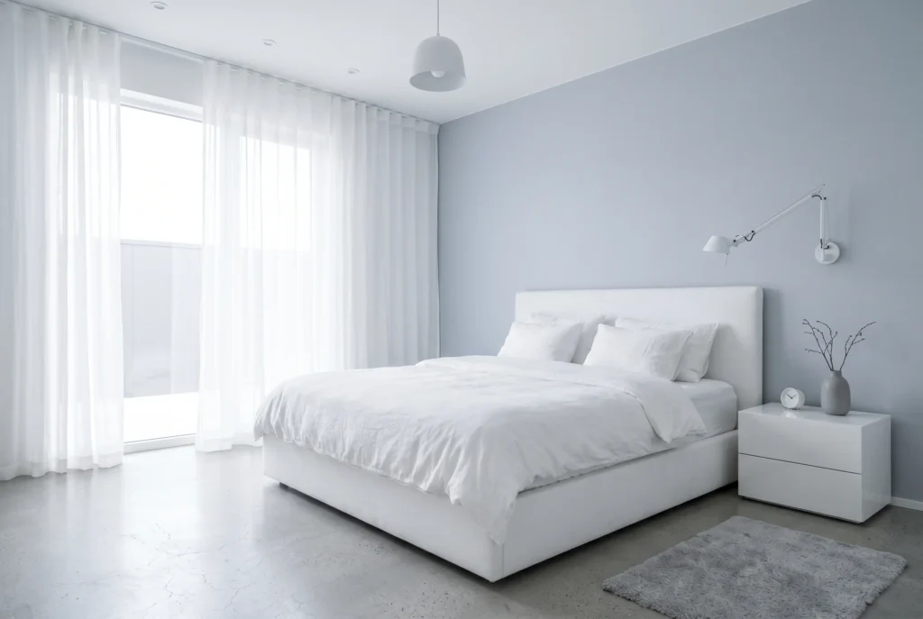 Bright bedroom with white upholstered bed and cool light