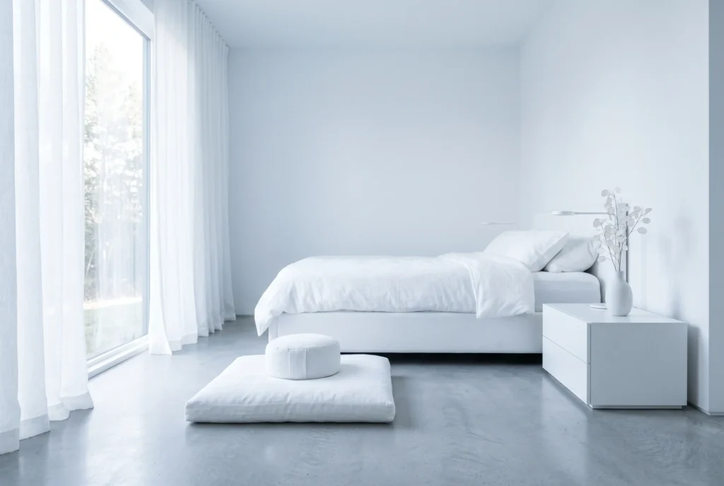 Bright bedroom space with meditation area