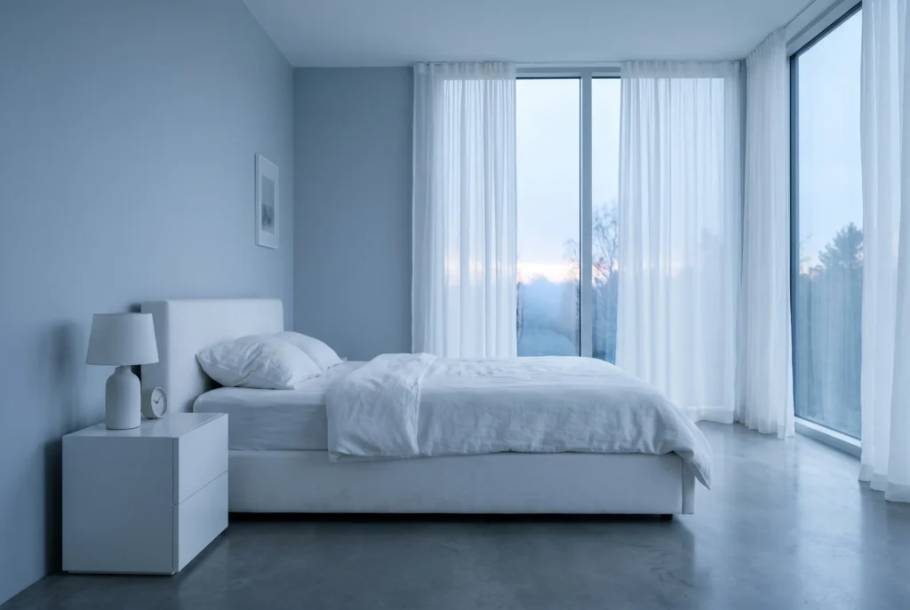 Bright bedroom with white bedding and diffuse light