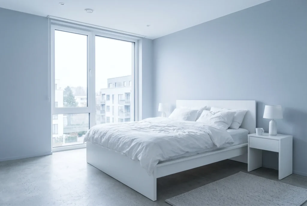 Minimalist bedroom with concrete and white bedding