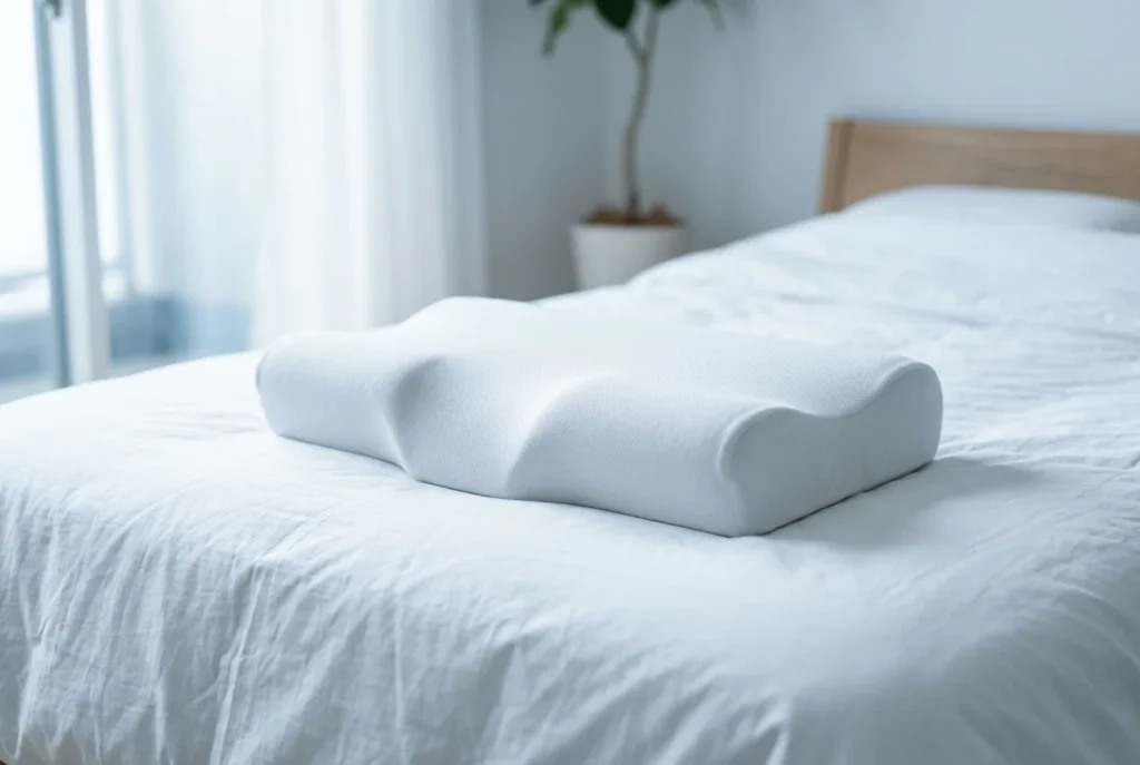 Ergonomic cervical contour pillow on white bed