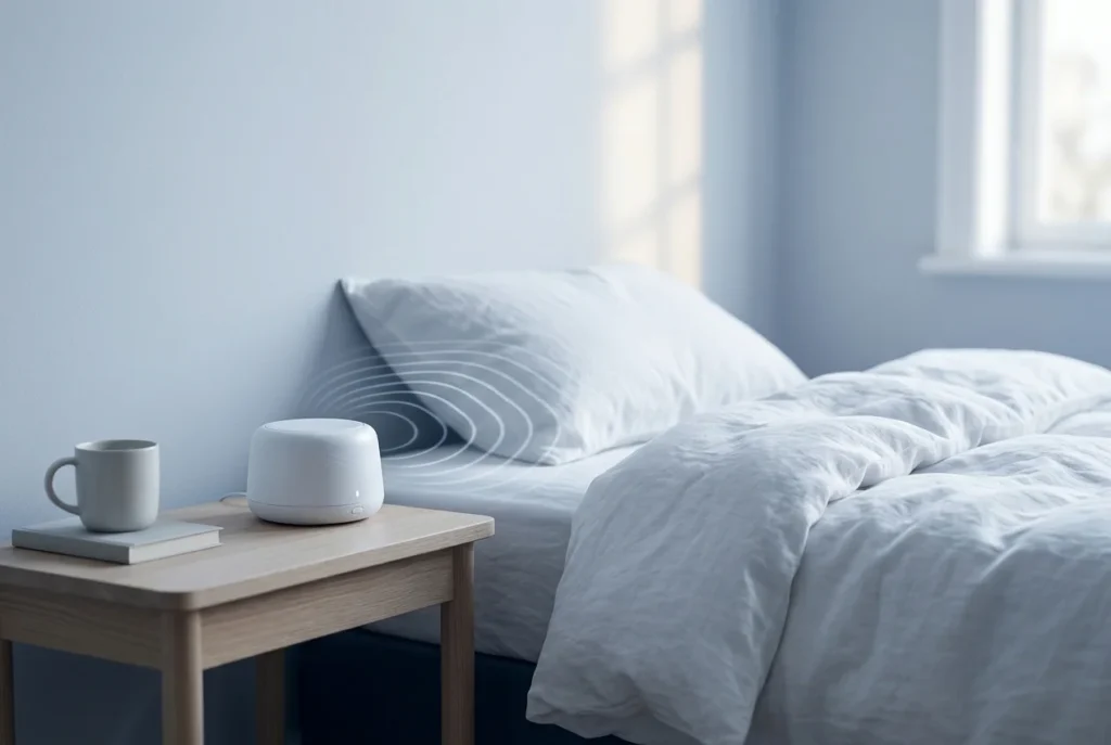 White noise machine beside a bed