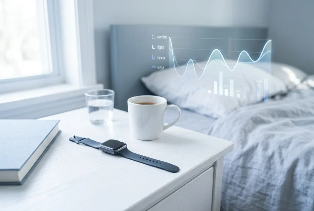 Smartwatch on nightstand with sleep data